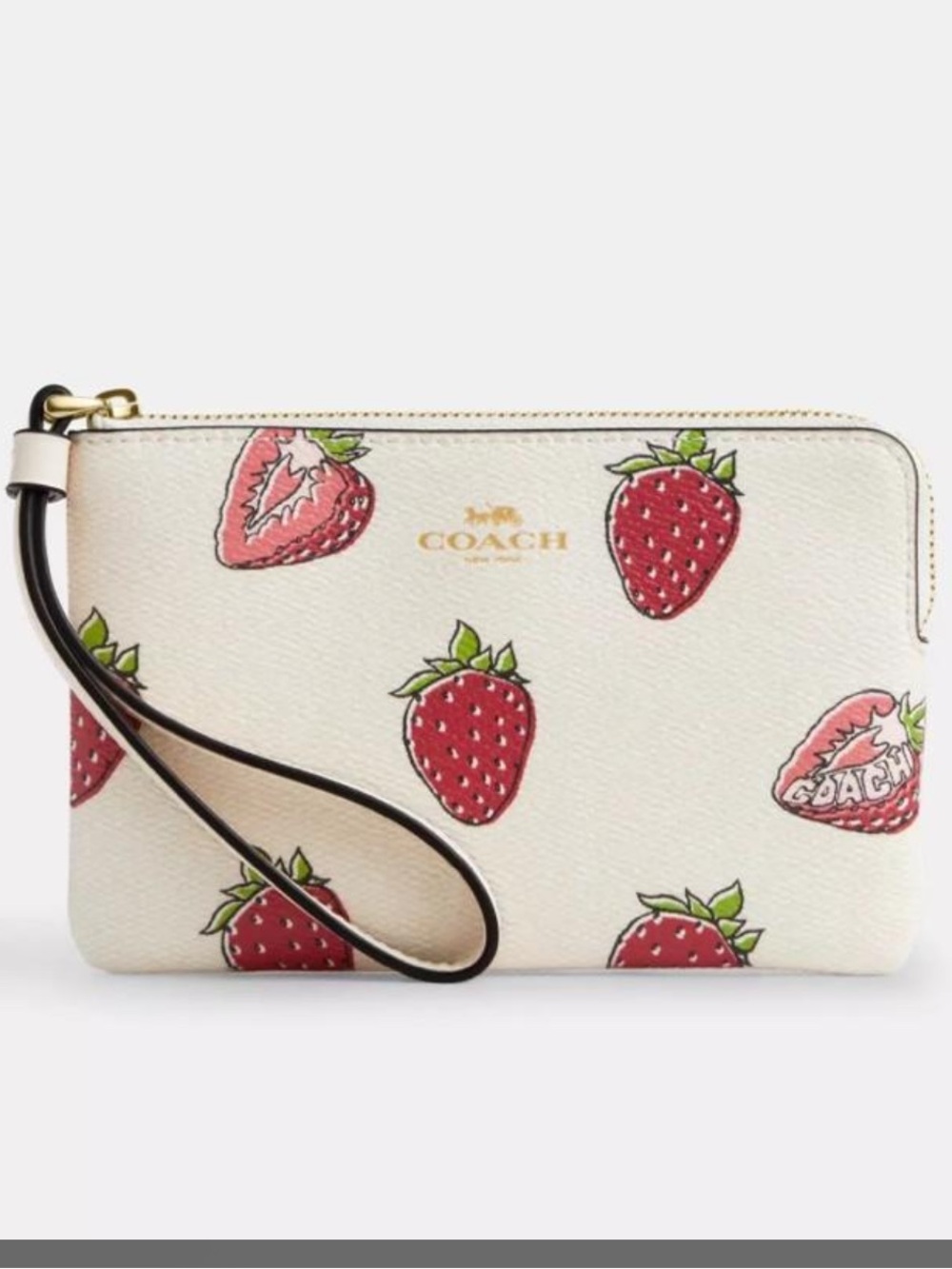 Coach Cream Strawberry Print Wristlet new